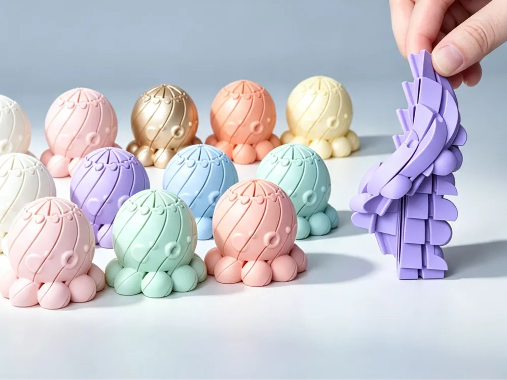 Polvinhos impressos em 3D em cores pastel enfileirados sobre a mesa